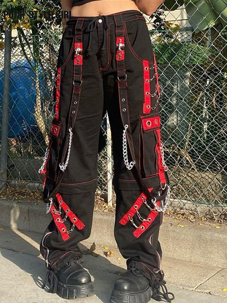 Cyber Punk Unisex Cargo Hose mit weitem Bein Kette Bandage geraffte Krawatte Caprihose Damen Gothic Baggy Hose BF Hippie Grunge Jogger