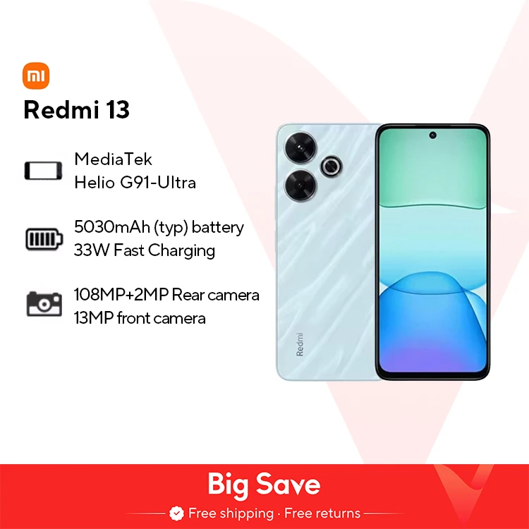Xiaomi-Redmi 13 Smart Phones, MediaTek Helio G91-Ultra, 108MP, Câmera 5030mAh, Carregamento Rápido 33W, Tela 90Hz, Versão Global