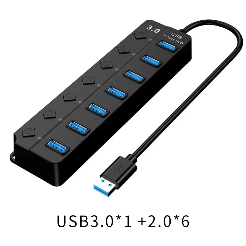 USB3.0 HUB 4in1 7in1USB Splitter 2.0 USB Adapter Multi-Port Independent Power Switch Extender 30CM Cable