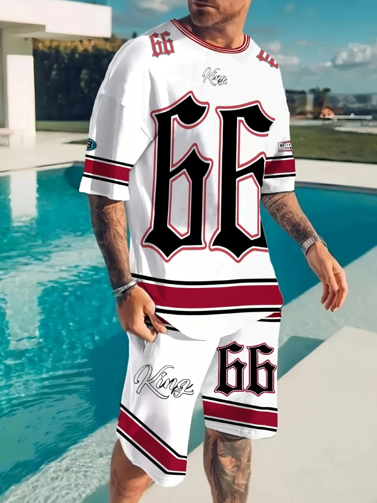 Zomer casual ronde hals heren letter 66 bedrukte top met korte mouwen en shorts tweedelig pak voor buitenactiviteiten vakantie