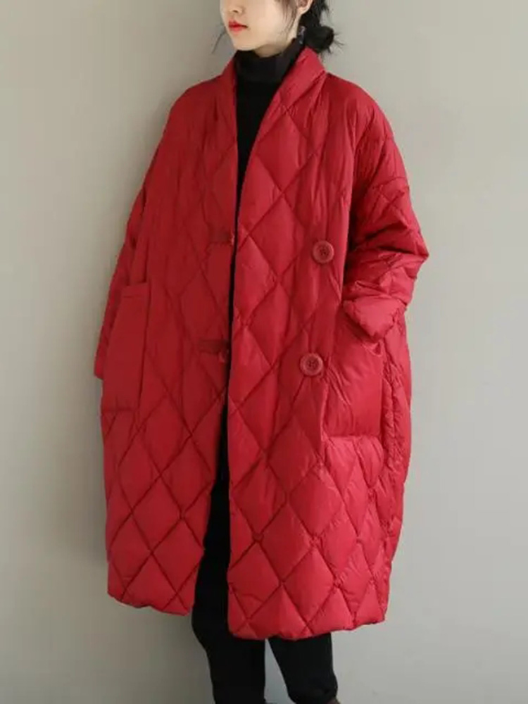 Übergroße lockere Daunen-Baumwolljacke, karierter Stehkragen, gepolsterter Mantel, Vintage-Midi-Länge, Abrigos, Winter, leicht, lässig, Casaco