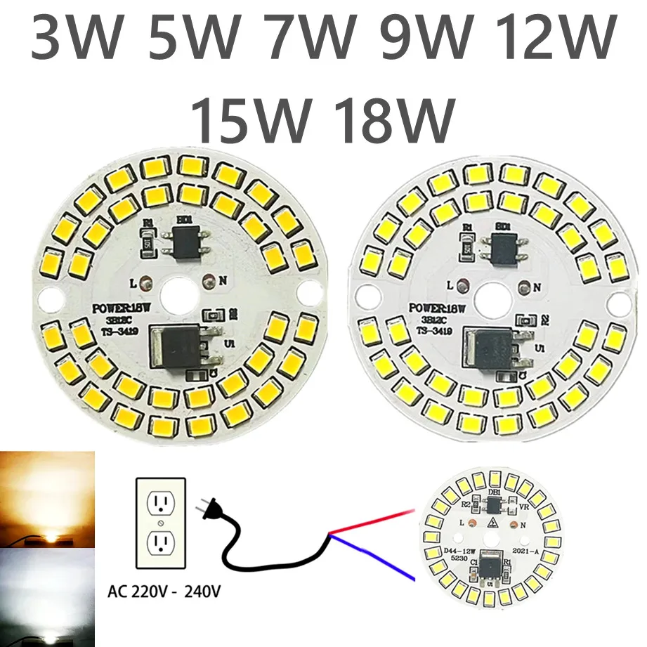 18W LED Chip Bulb Light Source 3W 5W 7W 9W 12W 15W SMD2835 Round Bulb Chips Light Beads AC220V-240V Lighting Spotlight Bulb Chip