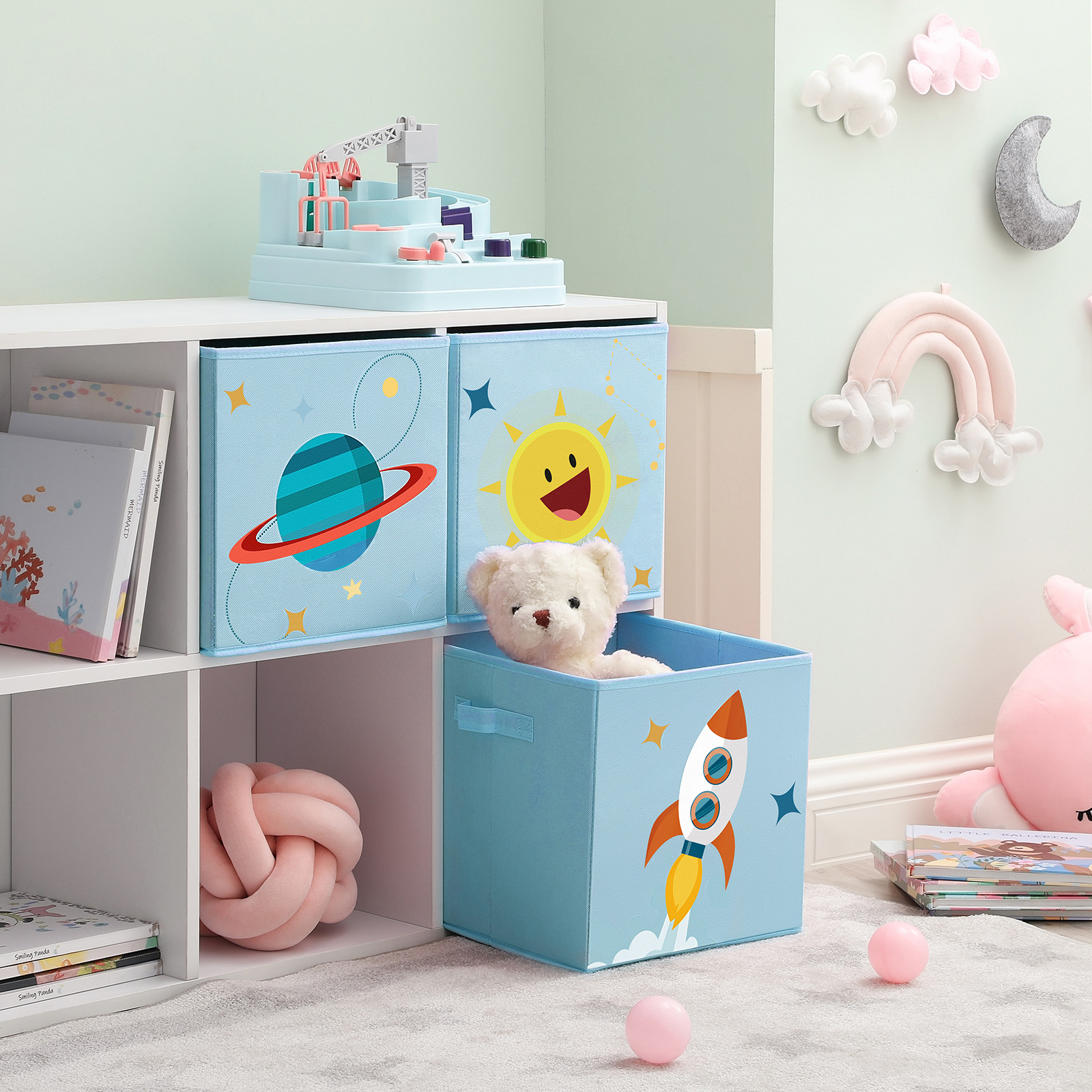 SONGMICS Juego de 3 cajas organizadoras de juguetes: cubos plegables con asas. Para habitación de niños, sala de juegos, dormitorio 30x30x30cm Tema espacial