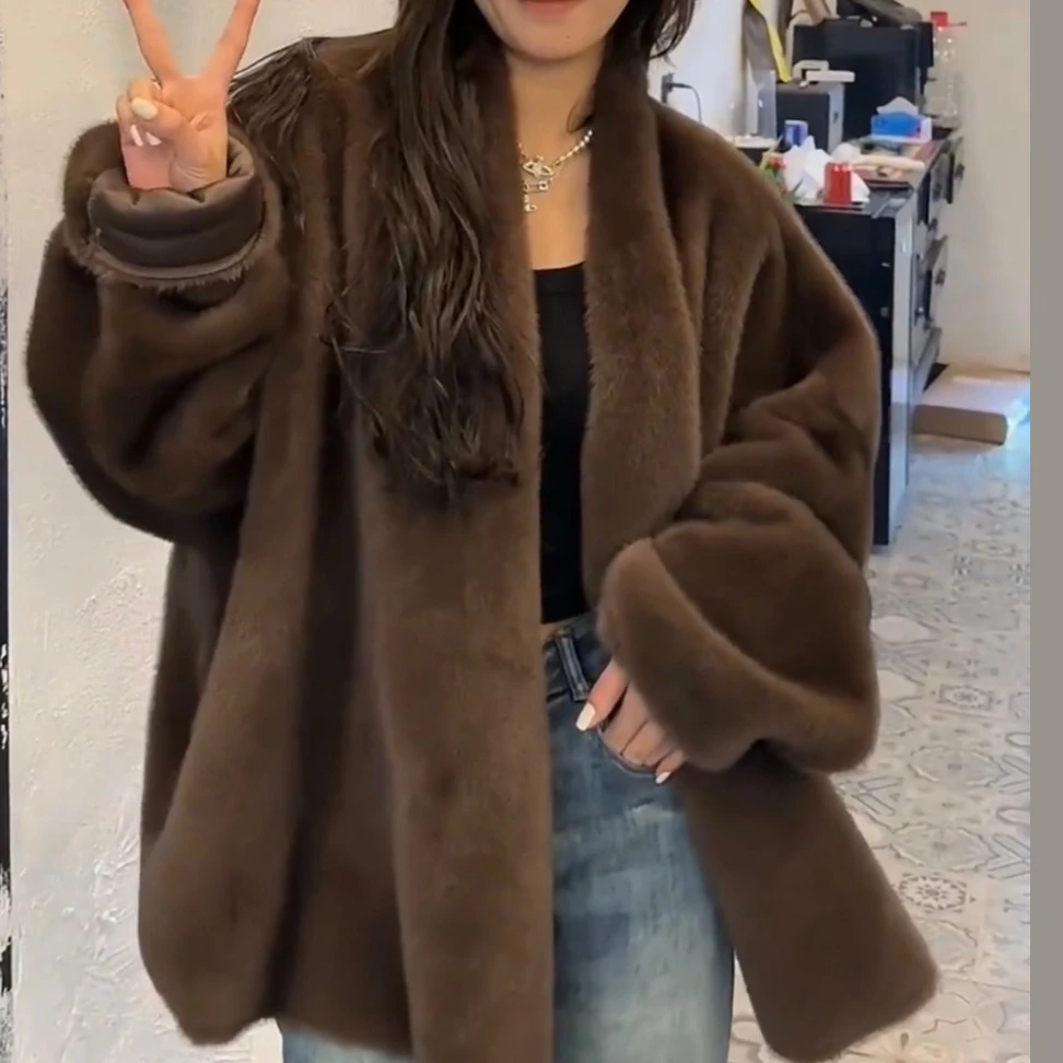 Kobiety Maxi Faux Fur Coats Płaszcz średniej długości Elegancki Splice Gruby Ciepły Pełny Rękaw Otwarty Ścieg Luźna Mama Jesień Zima Streetwear