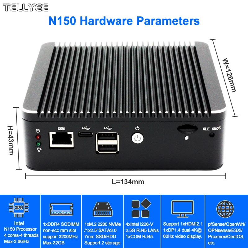 12th Gen Intel N150 2.5G Soft Router 4x i226-V Lans 1*COM RJ45 Fanless Mini PC HD DP USB-C pfSense Firewall Appliance PVE ESXi