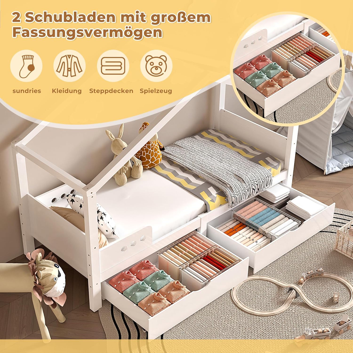 Cama Infantil de 90 x 200 cm – versátil Cama Infantil de Madera para niños y niñas (Blanco + 2 cajón)