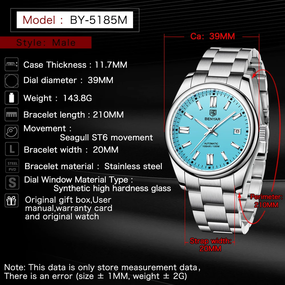 BENYAR 2024 ใหม่ผู้ชายอัตโนมัตินาฬิกา Seagull ST6 สแตนเลสธุรกิจกีฬา 100 M นาฬิกากันน้ํา