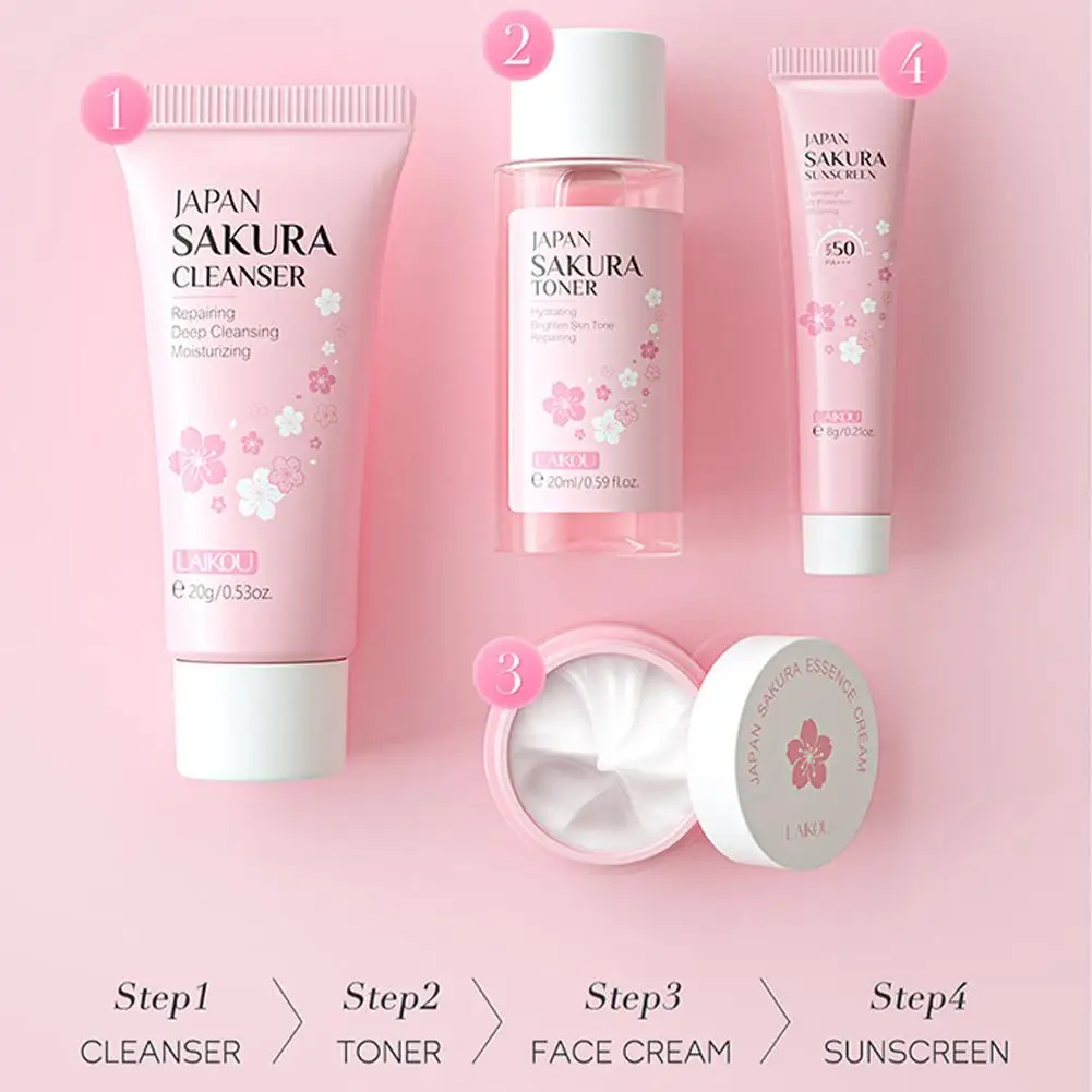 Set e kit per la cura della pelle Sakura con detergente, siero, crema per gli occhi, crema essenziale Prodotti di bellezza per le donne Set regalo Kit da viaggio in routine