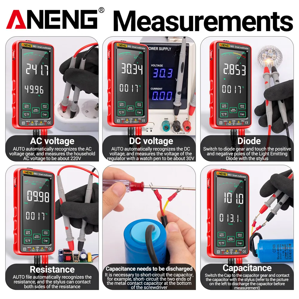 ANENG 683 6000 นับสมาร์ทหน้าจอมัลติมิเตอร์แบบชาร์จไฟได้แอมป์มิเตอร์ AC/DC เครื่องทดสอบแรงดันไฟฟ้า NCV ไดโอดเครื่องมือช่างไฟฟ้า