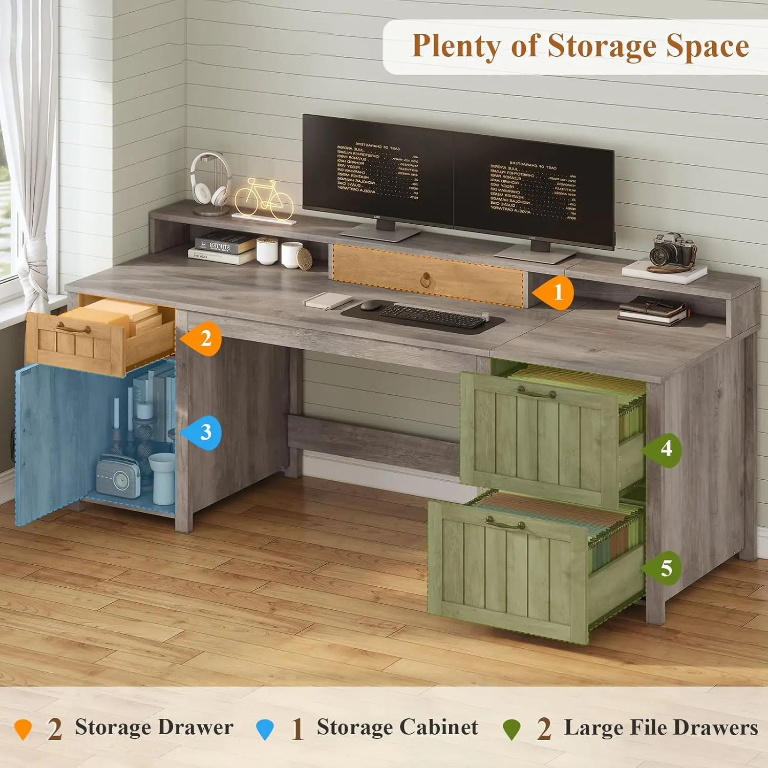 "Farmhouse 63” Executive Desk, Wooden Computer Desk with Drawers & Storage – Includes File Cabinet for Home Office Organizatio