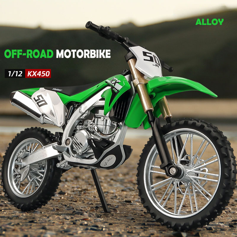 Simulación de motocicleta todoterreno Kawasaki KX450, escala 1:12, modelo de aleación, luz de sonido, modelo de motocicleta fundido a presión, vehículo para niño, juguete para regalo