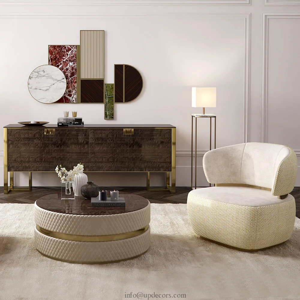 Italian Quilted Leather Veneered Round Coffee Table Tea Table Furniture