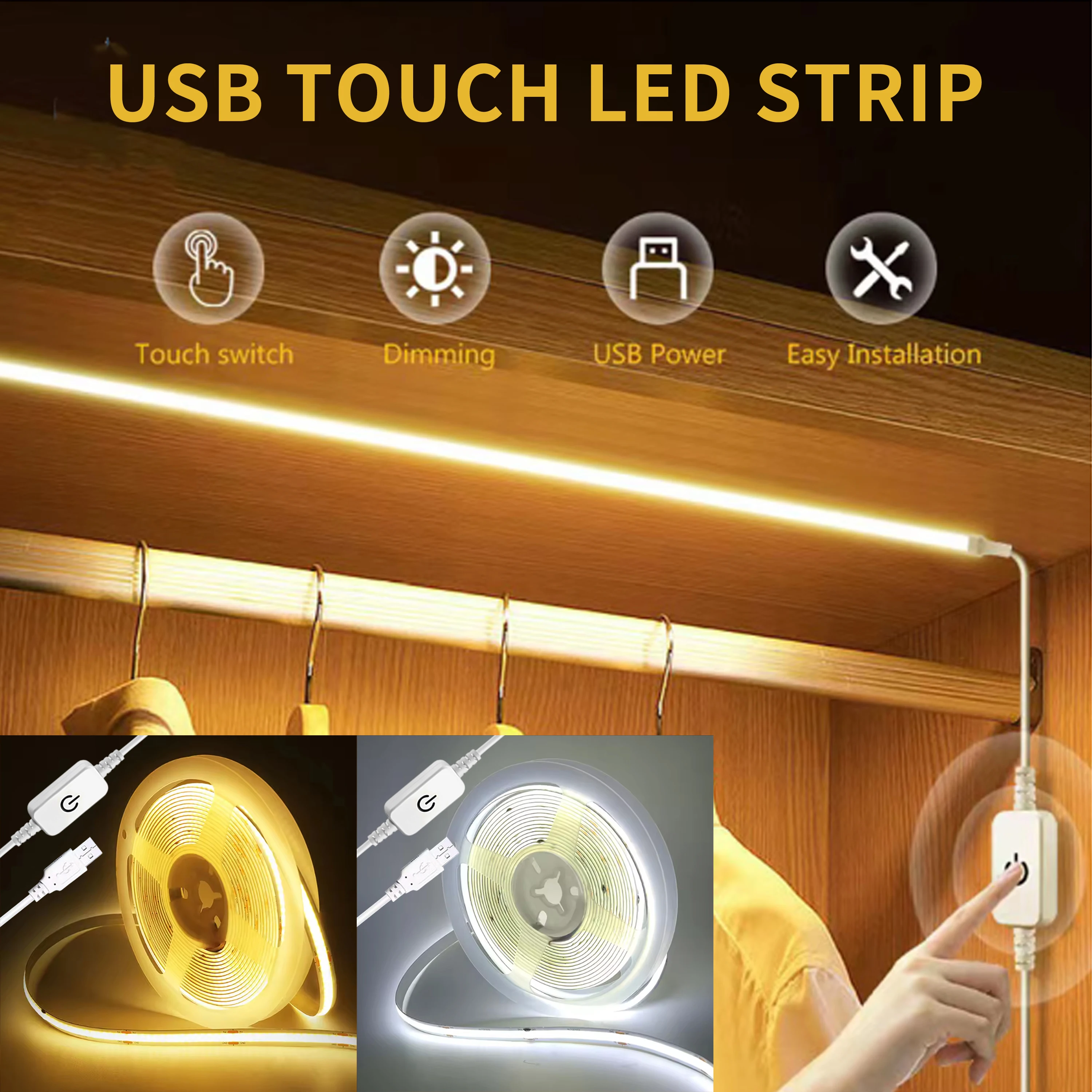 Tira de luces LED COB con alimentación USB de 1-5M, Interruptor táctil regulable para iluminación interior, sala de estar, dormitorio, armario, TV, fondo, cocina