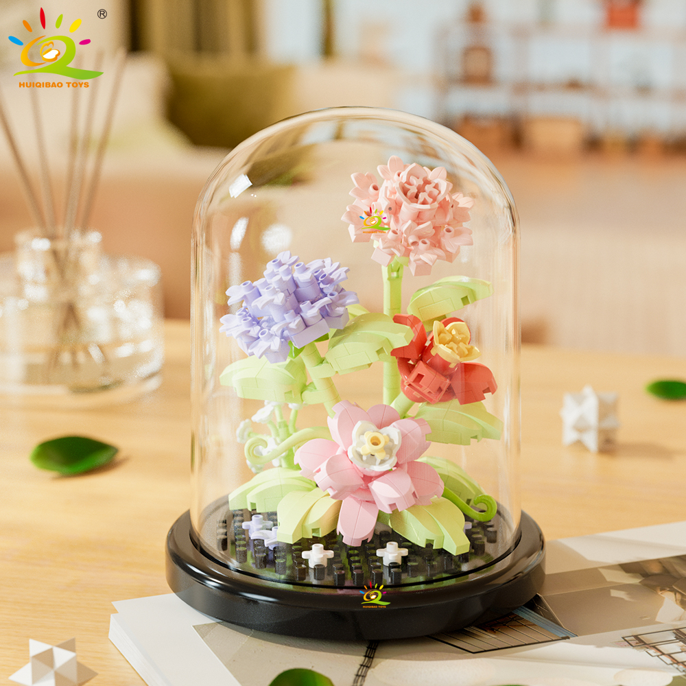 HUIQIBAO MOC Eternal Bouquet กล่อง Micro Building Blocks ดอกไม้ DIY หน้าแรกพืชตกแต่งอิฐของเล่นสําหรับ Childre