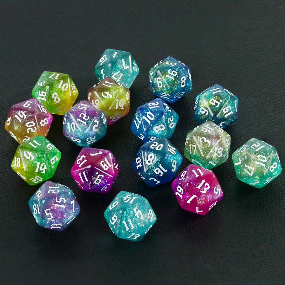 Dados poliédricos de cores mistas de 20 lados D20 incríveis dados de glitter para RPG DND ensino de matemática jogando jogos de mesa