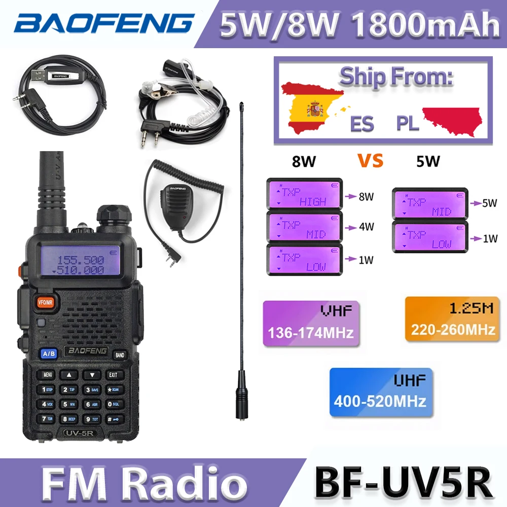 UV5R Baofeng 5W/8W 1800mAh Walkie Talkie Tragbares Amateurfunk UKW UHF 136-174/400-480MHz Dualband-Transceiver Zweiwegeradio