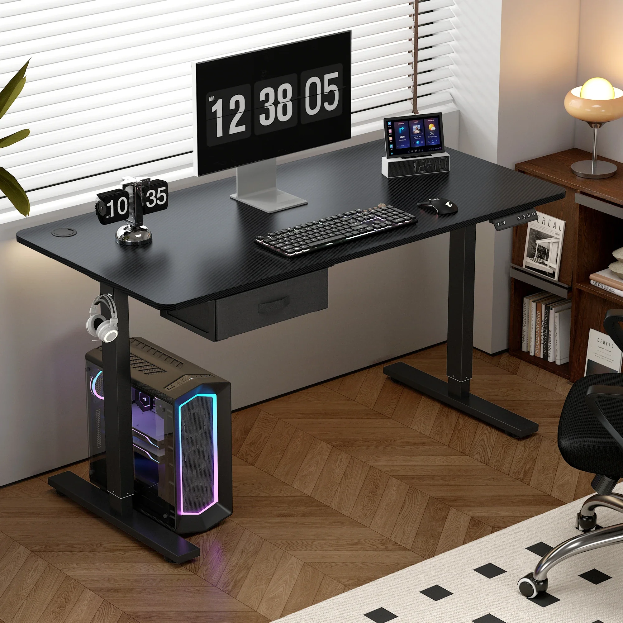 Escritorio de pie eléctrico, mesa con soporte para sentarse, altura ajustable, escritorio para ordenador eléctrico, cajón con puerto de carga USB para oficina en casa-140cm