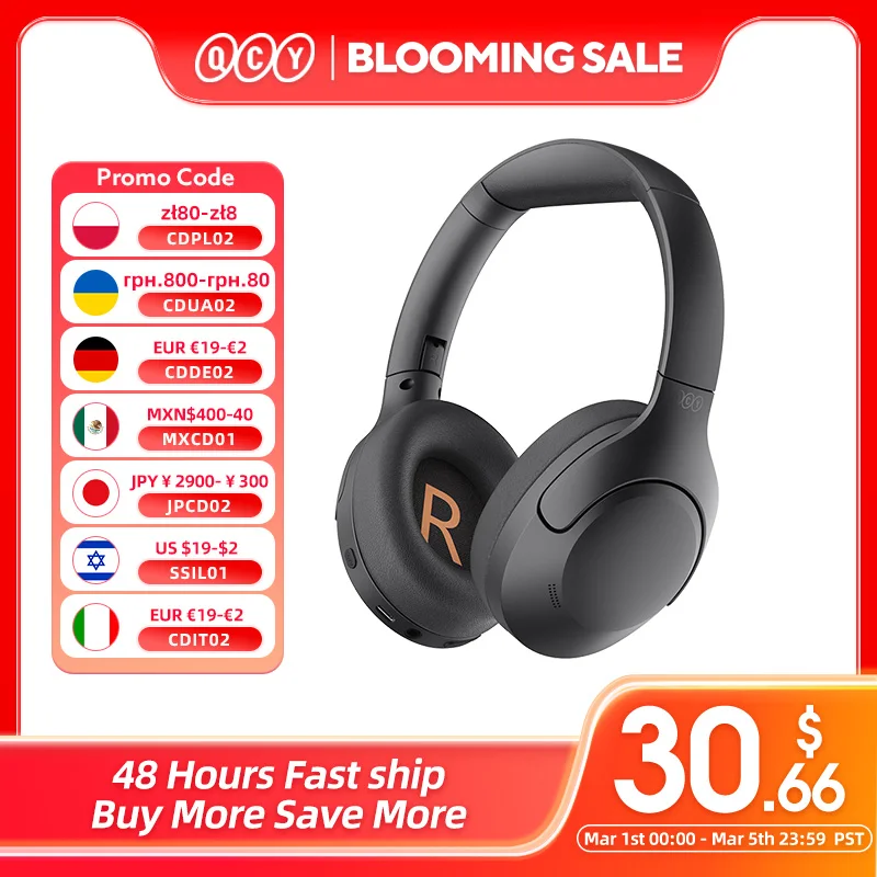 QCY-auriculares inalámbricos H3 Lite ANC, cascos por encima de la oreja con Bluetooth 5,3, cancelación activa de ruido, controlador de 40mm, sonido HiFi