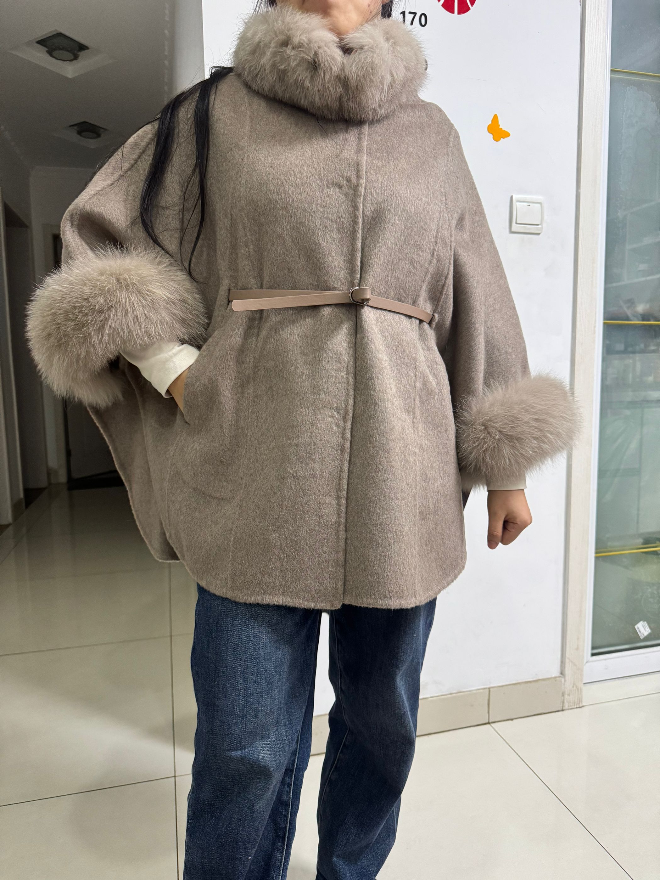 Luxo dupla face cashmere poncho mistura feminino outono inverno novo longo manto real gola de pele de raposa casaco de lã