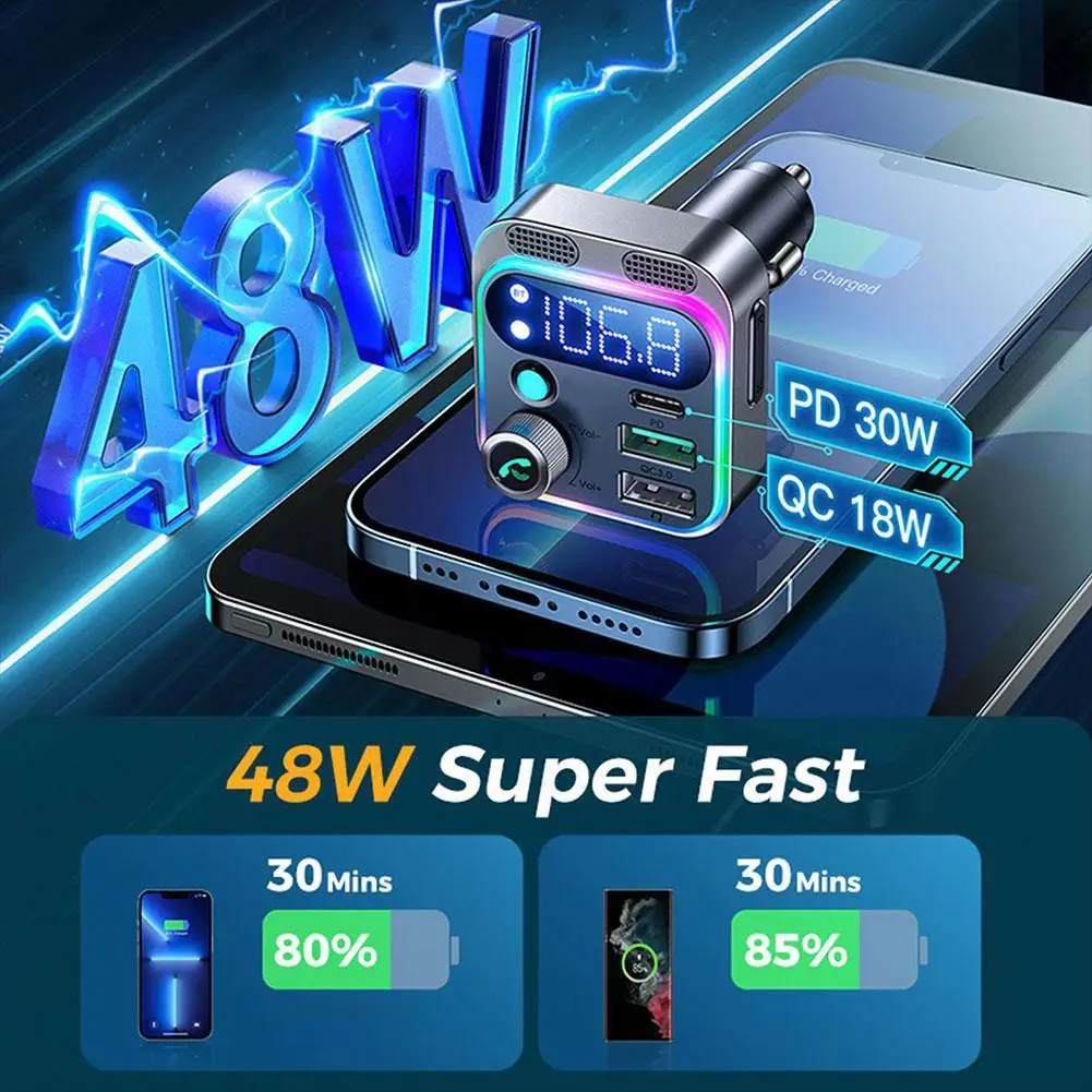 Bluetooth 5.3 FM Transmitter 4 Port USB Car Charger Type C PD 250W Fast Charging Adapter For Huawei OPPO Oneplus