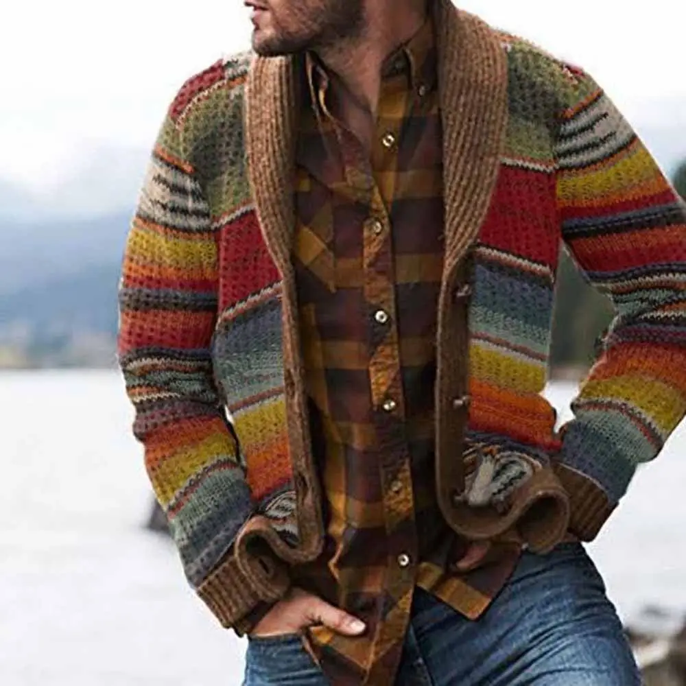 Herren-Pullover, Jacke, Revers, farbblockierter Strickjackenpullover