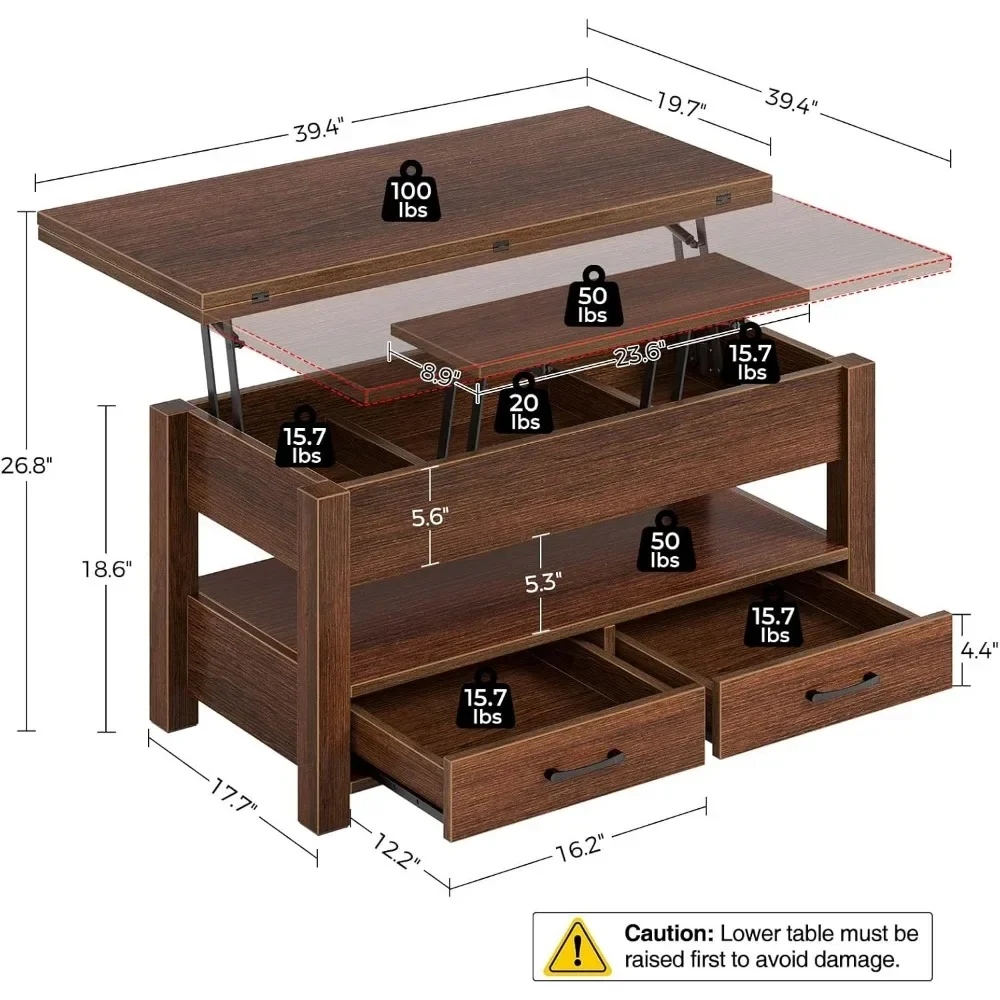 Mesa de centro com tampo elevatório, mesa de centro conversível multifuncional com gavetas e compartimento oculto