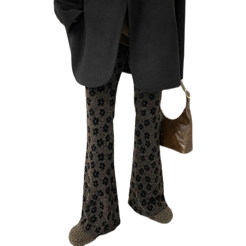 East Gate 2025 秋冬新スタイルレトロプリント小花タイトな弾性ウエストフレアパンツ女性カジュアル長ズボン