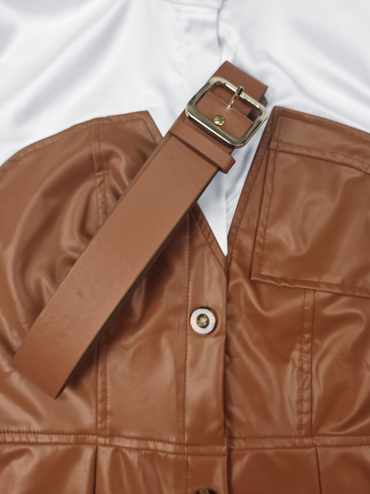 Gymystars Sukienki Damskie Koszula Spódnica PU Nowe Jesienne Guziki Długi Rękaw Patchwork Kieszeń Skinny Pasek Klapa Kobieca Sukienka Midi