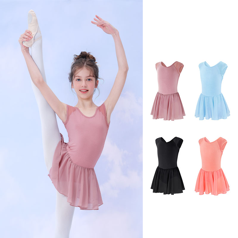Vestido de balé feminino sem mangas, vestido collant de dança de algodão, vestido de dança para meninas, crianças, collant de balé com saia de chiffon
