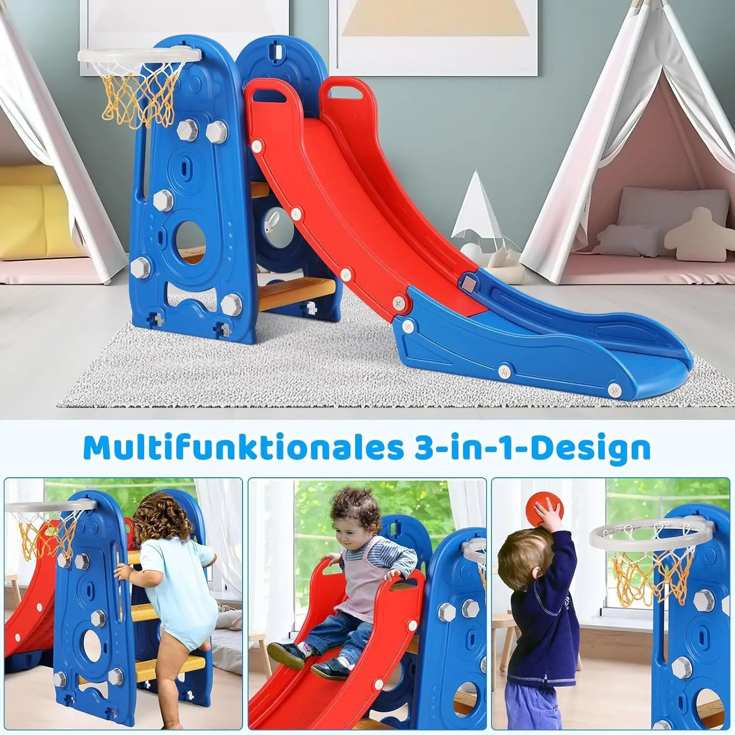 Tobogán 3 en 1 con aro de baloncesto, tobogán plegable divertido para niños, tobogán de jardín para niños de 1 a 6 años, interior y exterior