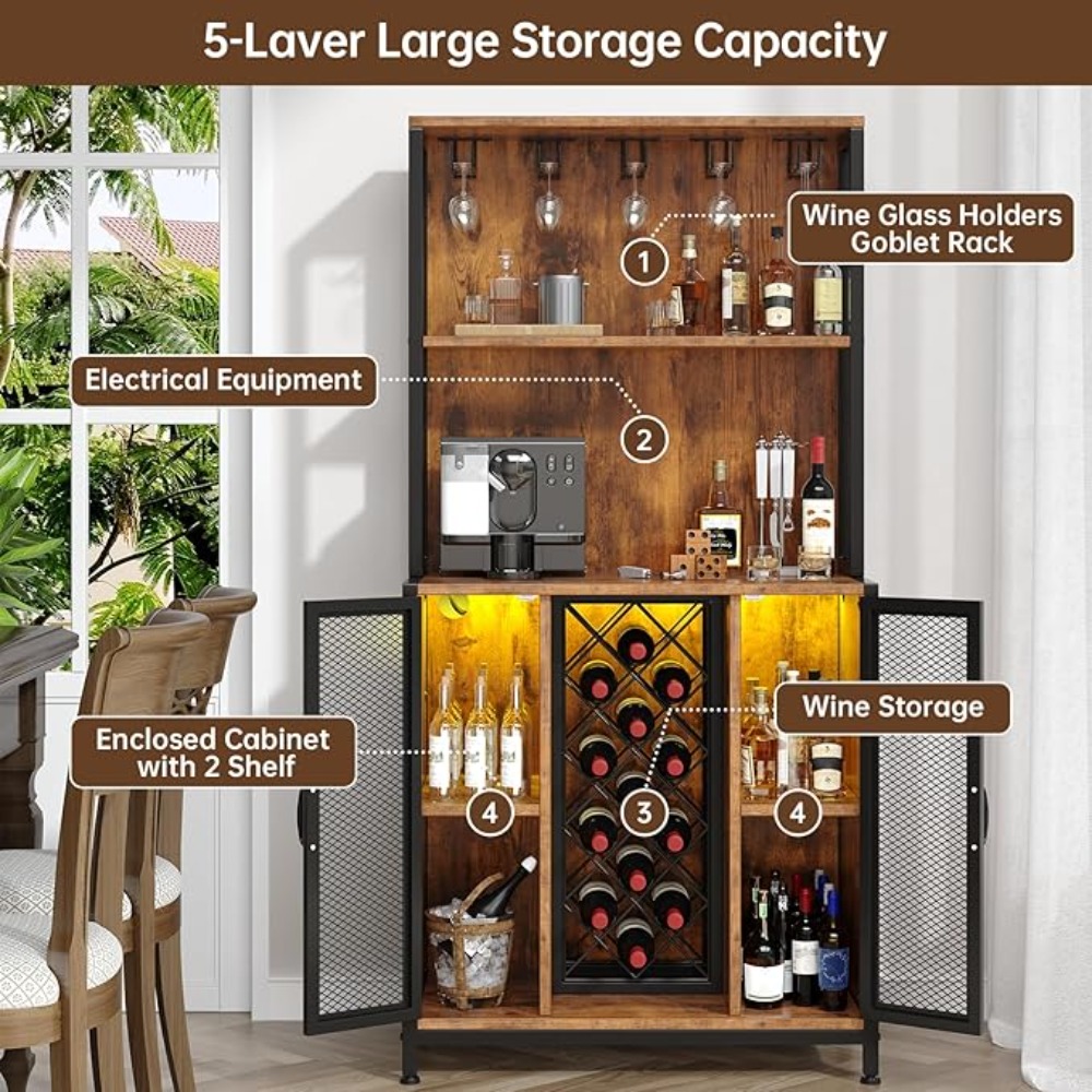 LED Upgraded Bar Cabinet with Back Panel & Microwave Stand Rack,  65" Tall Wine Bar Cabinet w/Glass Holder & Adjustable Shelves