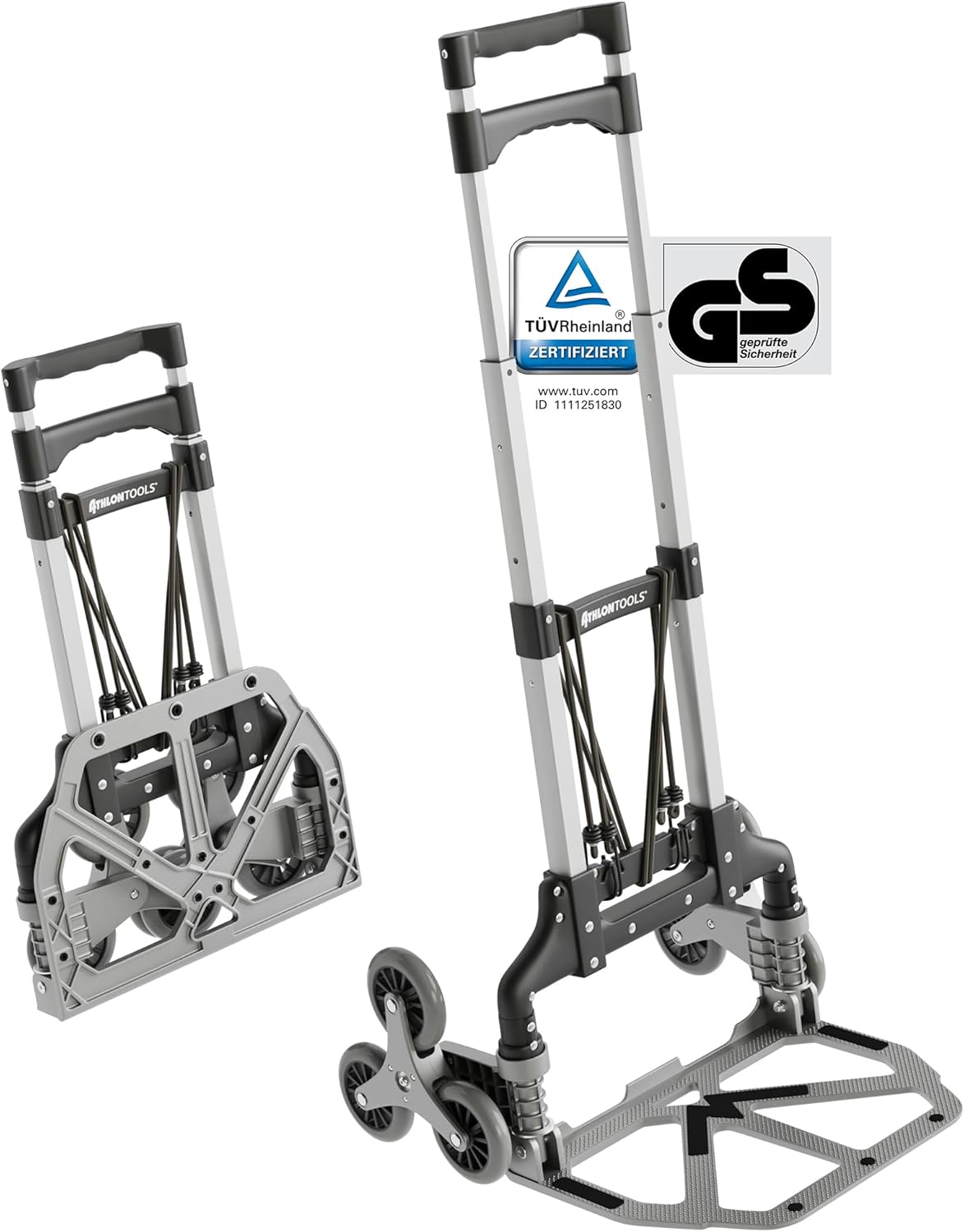 ATHLON TOOLS Aluminium Treppensteiger-Sackkarre klappbar – extra langer Griff 110 cm – Ladefläche mit Anti-Rutsch-Pads – Modell