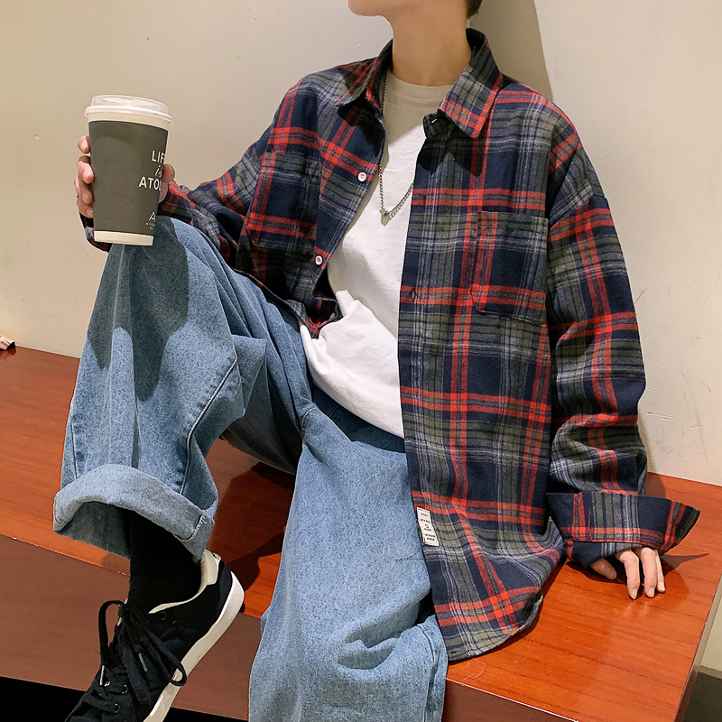 Harajuku manga longa camisas xadrez homens tamanho grande M-5XL outono chique solto vintage high street all-match cavalheiro camisa