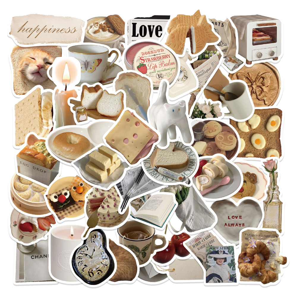 สติกเกอร์ลายแมวและขนมปังแนวย้อนยุค10/30/50ชิ้นสติกเกอร์กราฟฟิตีกันน้ำกระเป๋าตกแต่งสวยงามสมุดบันทึกโทรศัพท์แล็ปท็อปสติกเกอร์สำหรับเด็ก