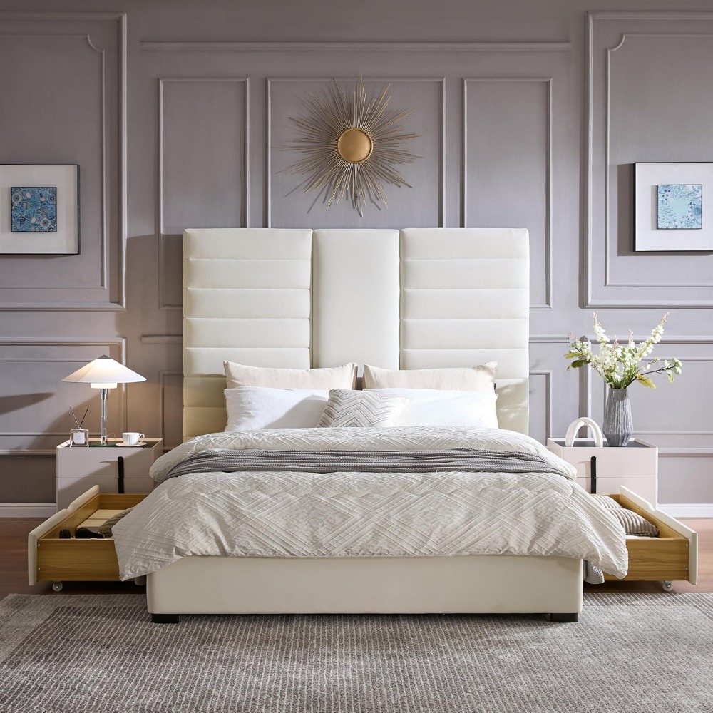 Queen Size Upholstered Bed Frame with Hidden Storage Drawers, Velvet Fabric, Modern Tufted Headboard, Heavy Duty Metal Frame, Ea