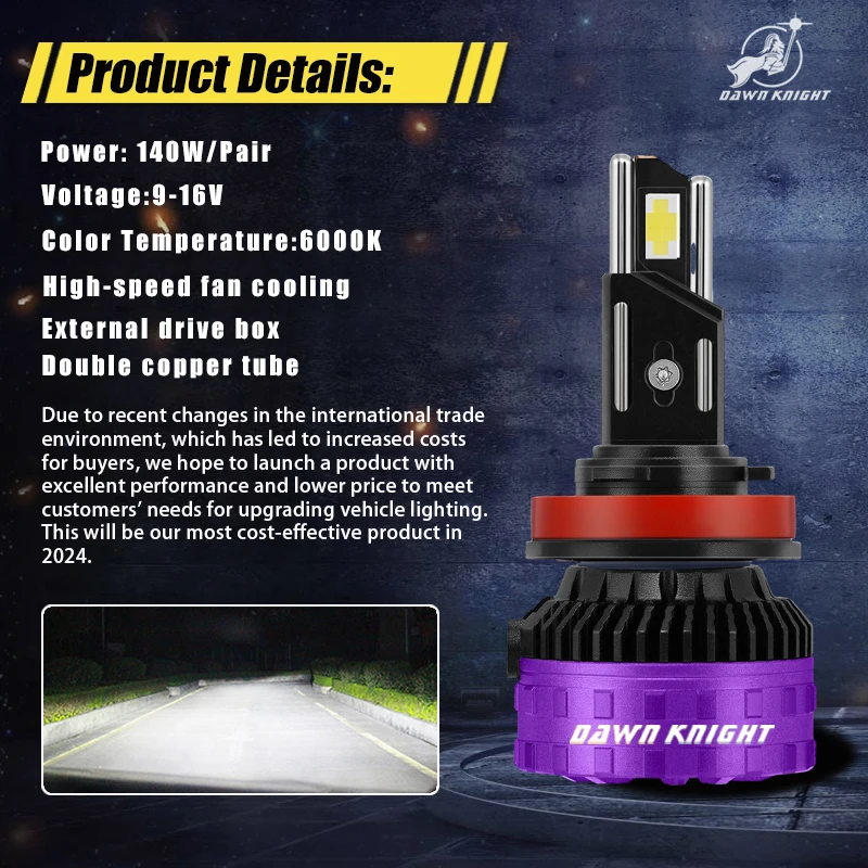 DAWN KNIGHT H11 H7 H4 Lâmpadas de farol LED P7 PLUS 140W Poderosas 6000K 4300K LED HB3 HB4 Lâmpadas LED 12V 2pcs