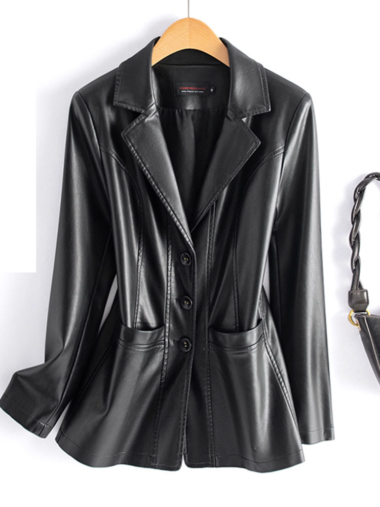 Chaquetas de piel de oveja para mujer, abrigos cortos informales de cuero Real, de manga larga, con botones cubiertos y cintura elástica, 2024
