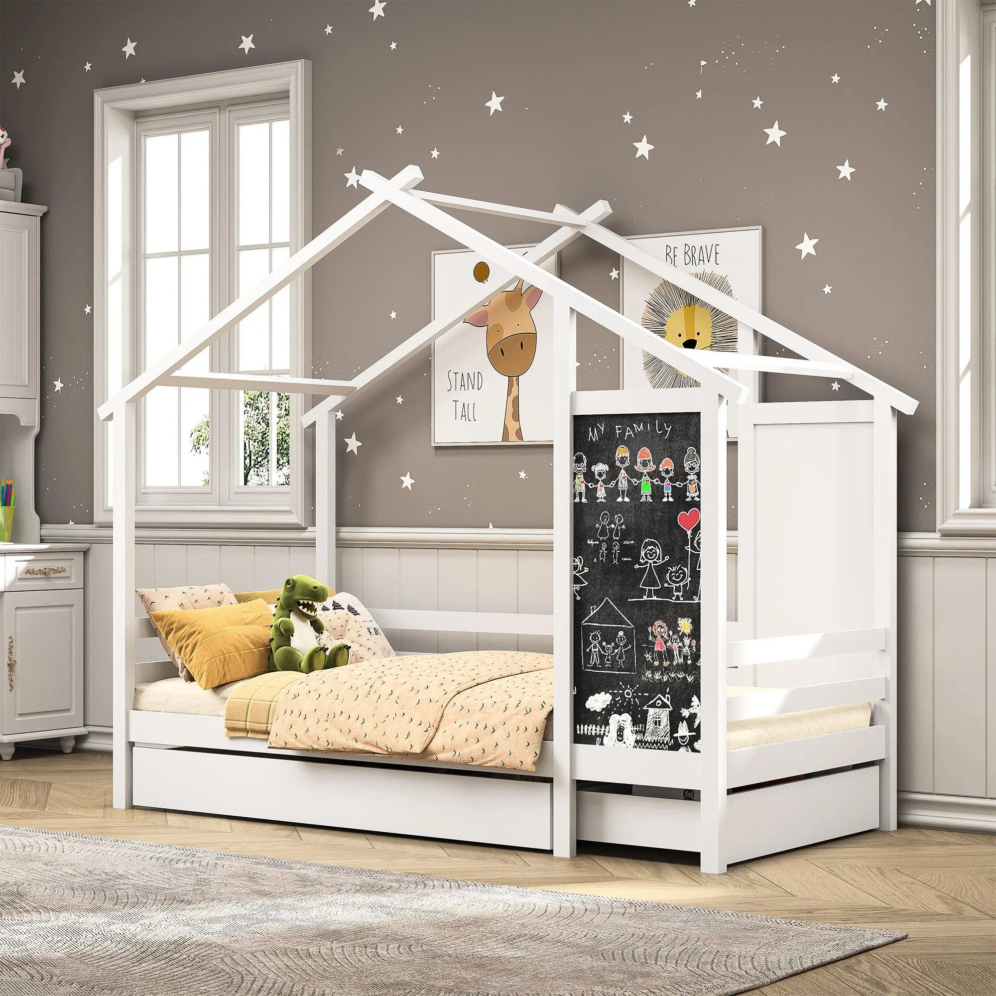 Lazyspace Estructura de cama infantil blanca 90x200 cm, cama casera de madera para niños, con pizarra y 2 cajones