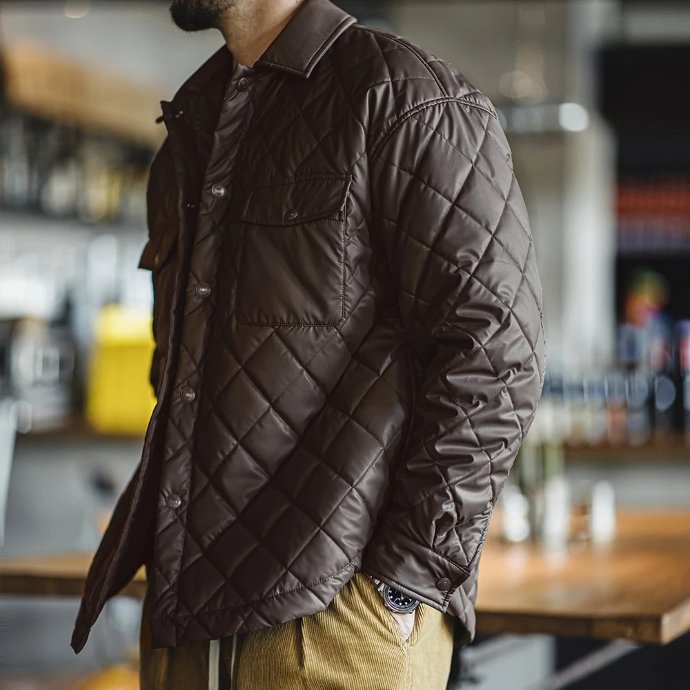 Maden-jaqueta masculina acolchoada com grade de diamante, casaco acolchoado de algodão solto, gola quente, versátil, casacos para outono e inverno