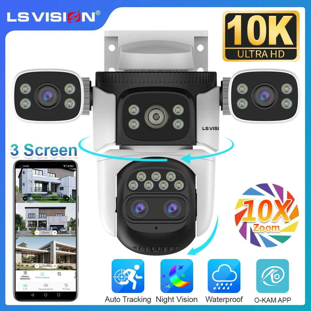 LS VISION 20MP 10X Zoom tres pantallas WiFi cámara IP inalámbrica al aire libre 10K cuatro lentes PTZ cámaras de vigilancia de seguimiento automático humano
