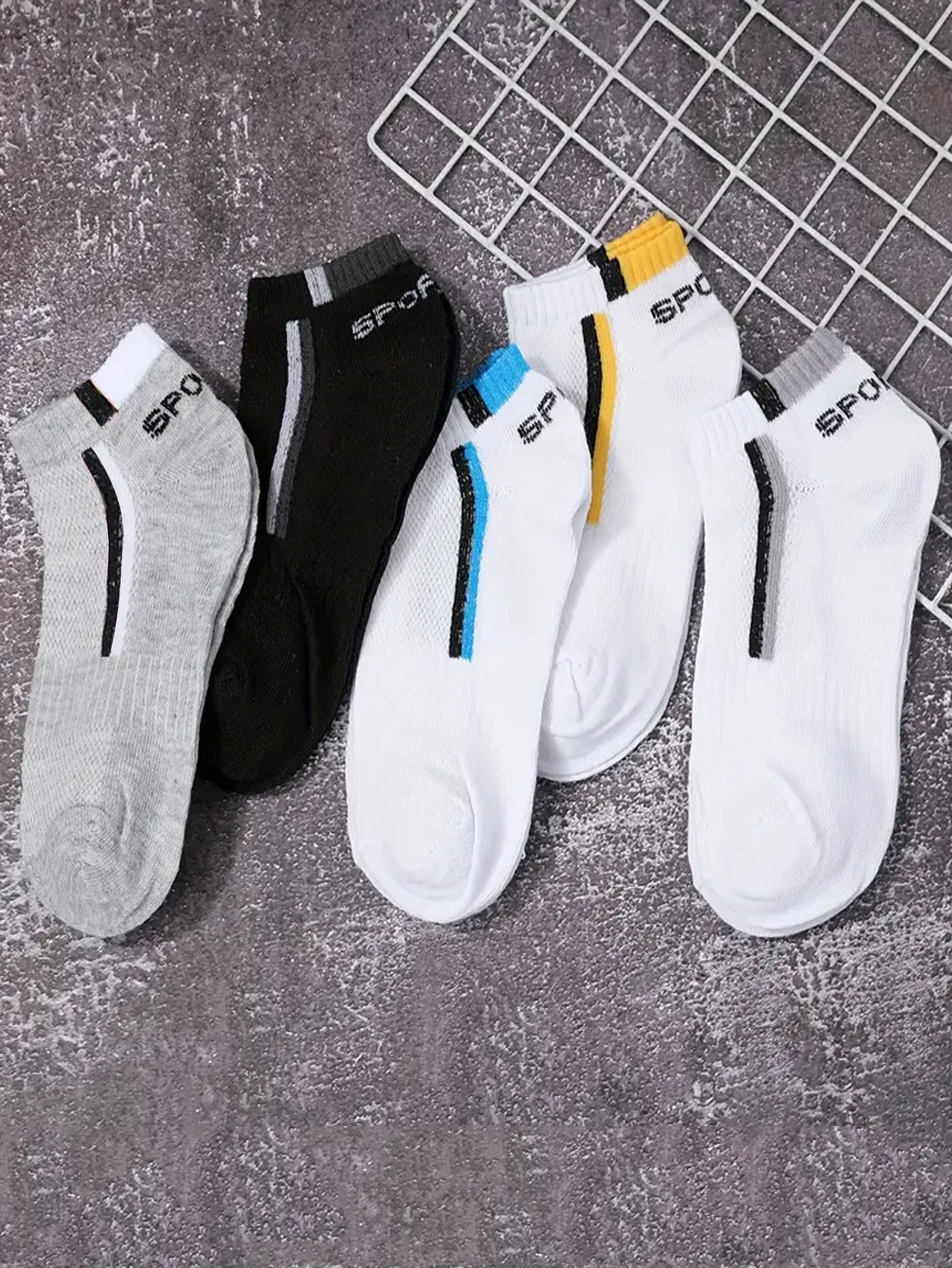 Calcetines náuticos antideslizantes para hombre, 5 pares de calcetines tobilleros con estampado de bloques para negocios y deportes, transpirables, resistentes al sudor, antiolor, cómodos