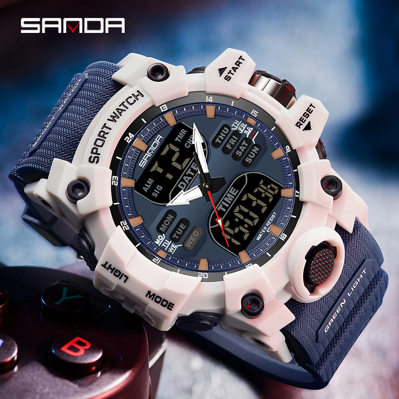 SANDA-Montres de sport étanches pour hommes, affichage des touristes, militaire, alarme, chronomètre, montre-bracelet à quartz, horloge numérique masculine, 6126