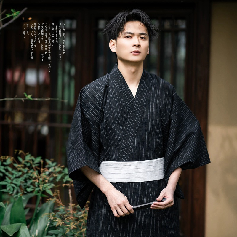 Kimono samurái tradicional japonés para hombres, bata de baño Yukata, estilo suelto, ropa de Sauna, ropa de casa, cinturón, bata larga de algodón