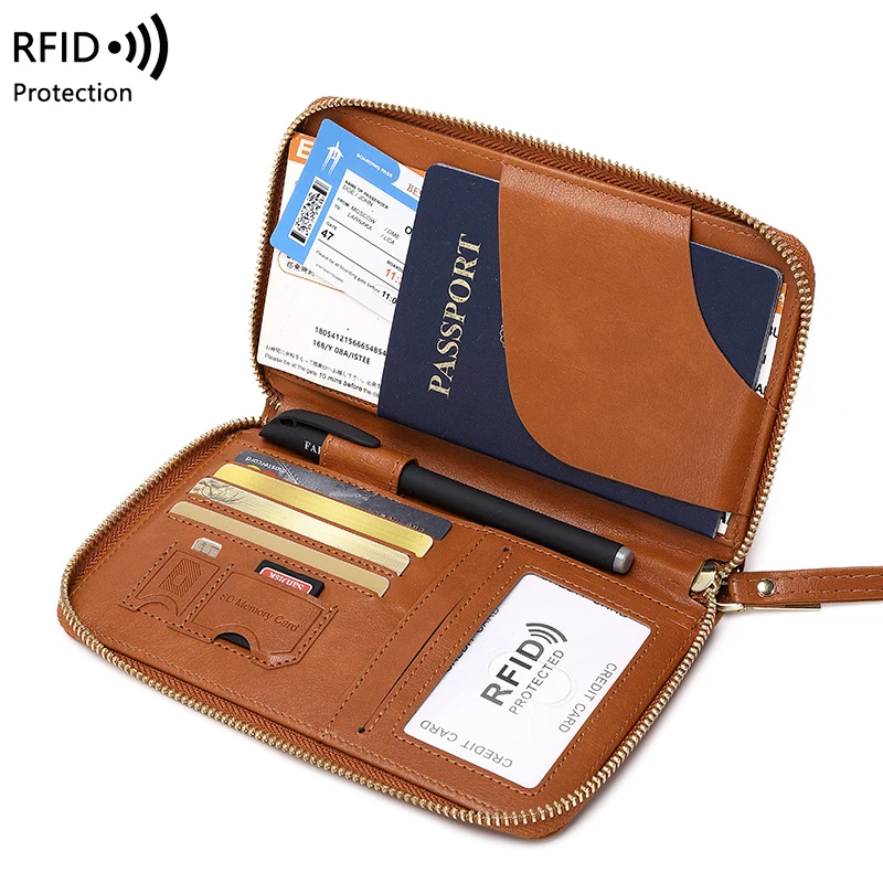 Porta-passaporte com bloqueio RFID, carteira de viagem, bilhete, bolsa para cartão de crédito, carteira multifuncional com zíper e alça de pulso, moda