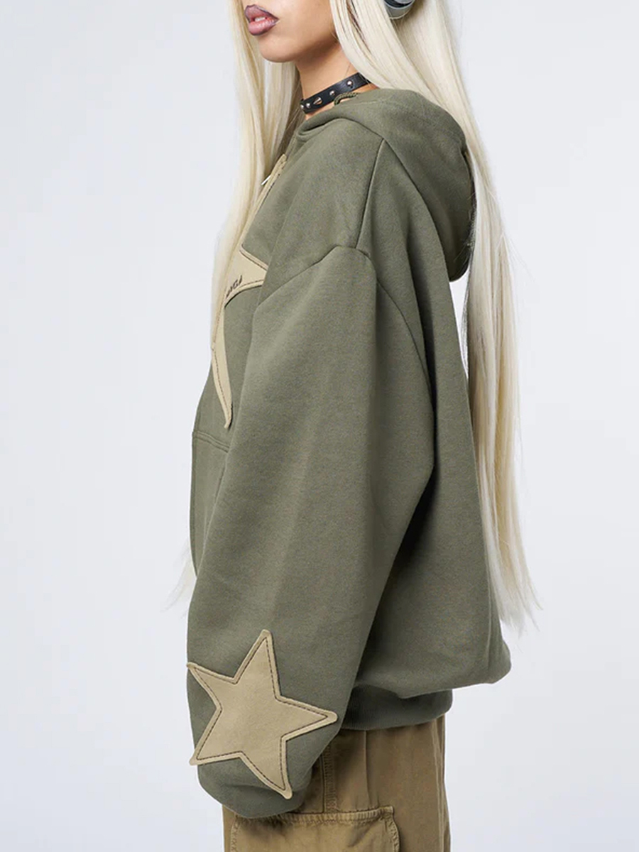 Y2k vintage estrela impressão com capuz moletom para mulher casual solto manga longa zip up cordão moletom outono primavera casaco rua