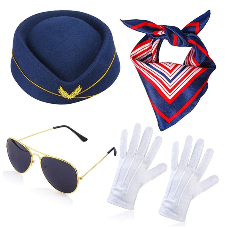 Gorro azafata, disfraz azafata, broche avión, Pin, bufanda para cuello, guantes azafata, accesorios para azafata,