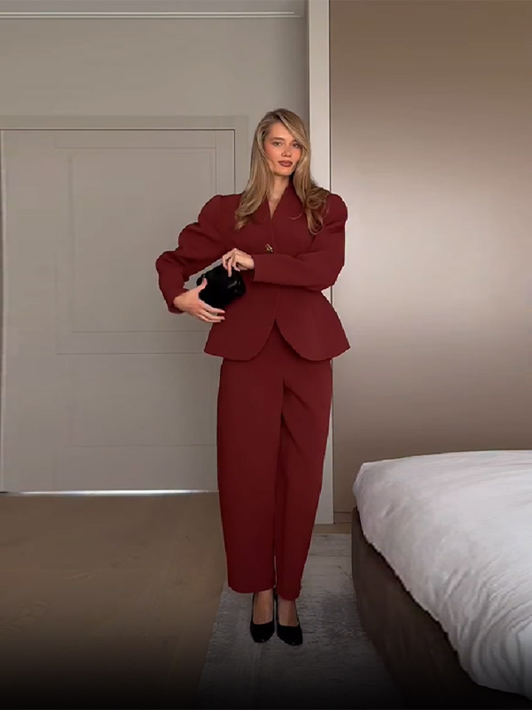 Elegante terno jaqueta calças definir feminino fino com decote em v manga puff um botão blazer sólido calça reta 2025 senhora escritório outfit
