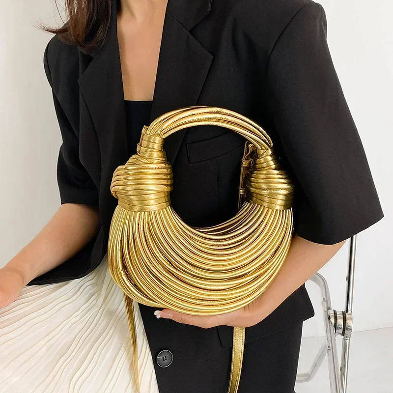 2025 NEW Bolsos de mano dorados lujo para mujer, bolso mano tejido a mano con cuerda anudada, Hobo plateado, noche, Chic