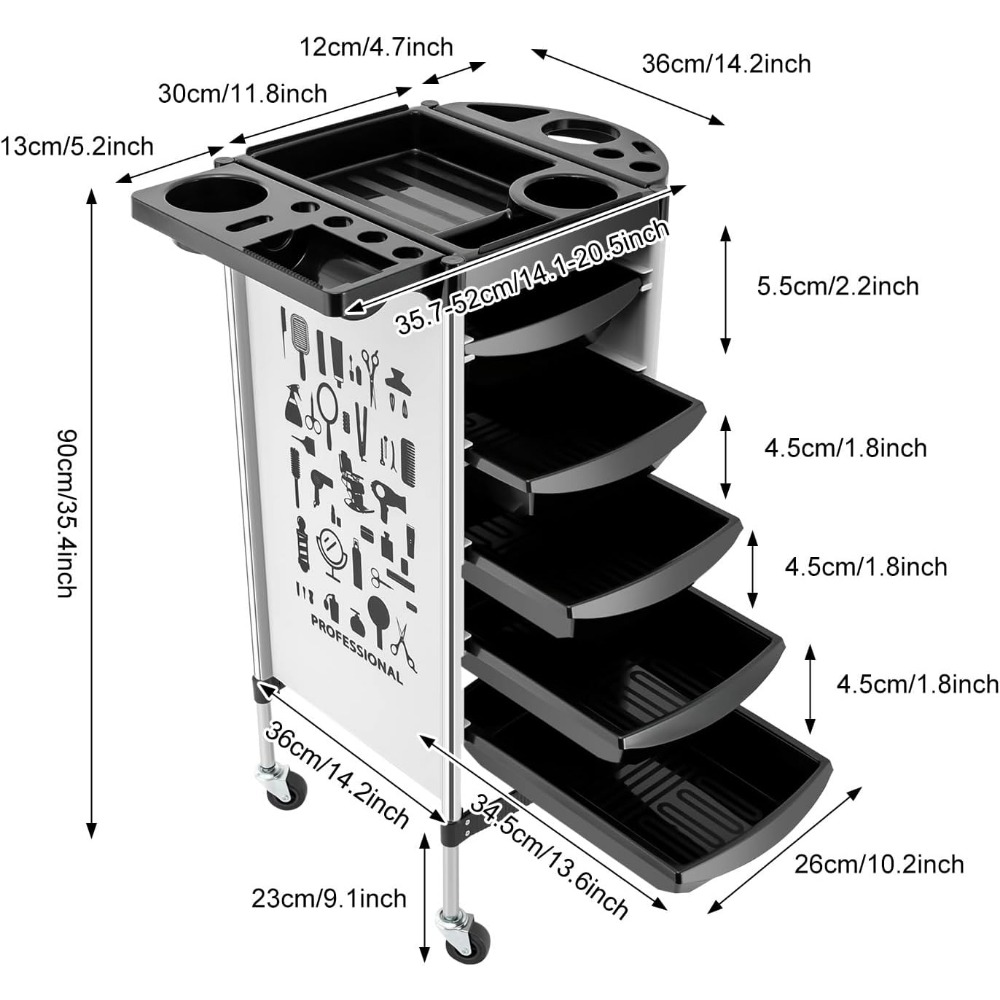 Friseurwagen mit 5 Schubladen und Rollen, Salon-Arbeitswagen, Trolley, Stylist, Friseur, Weiß