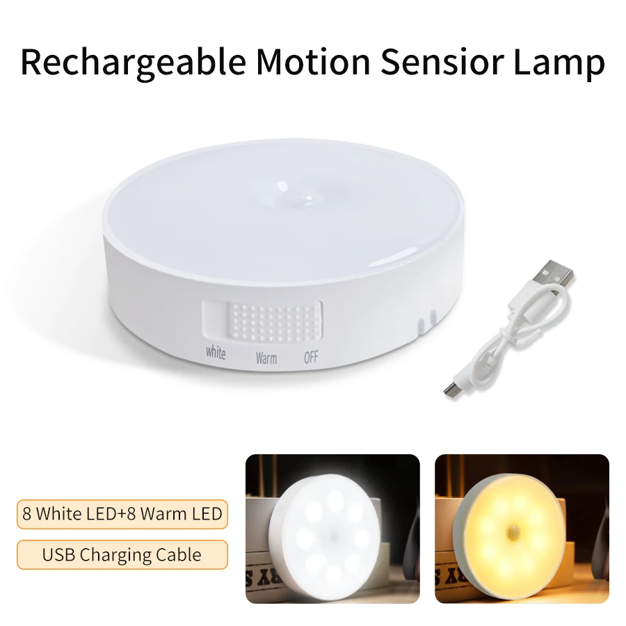 Lámpara alimentada por batería recargable, Bombilla nocturna, Sensor de movimiento, carga USB, Sensor de movimiento inalámbrico, iluminación de emergencia para casa